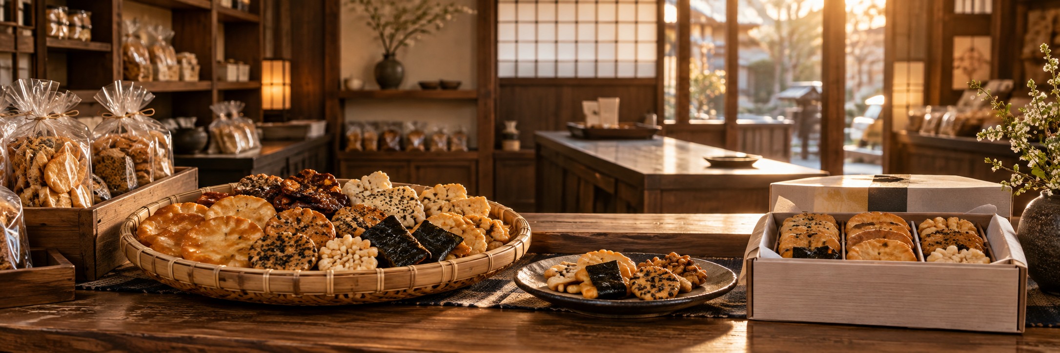 木造の和菓子店で、かごや贈答箱に並べた無地包装のおかきと空の販売カウンターを写した説明用イメージ